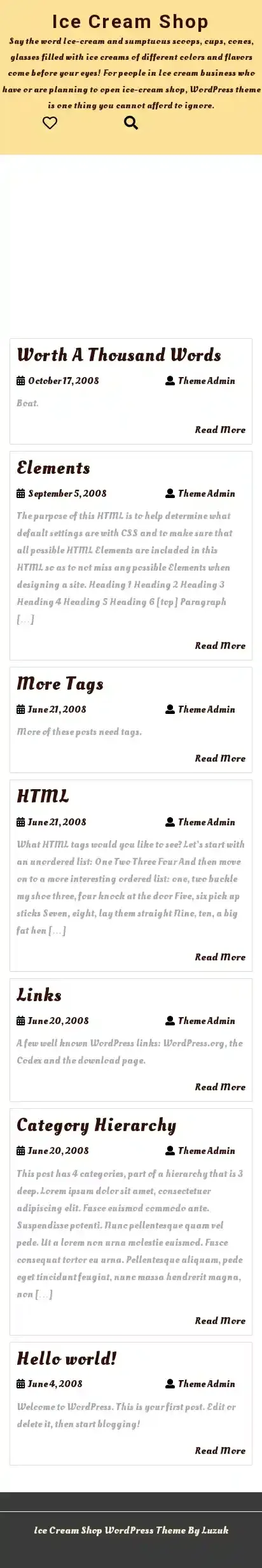 Ice Cream Shop home page on mobile