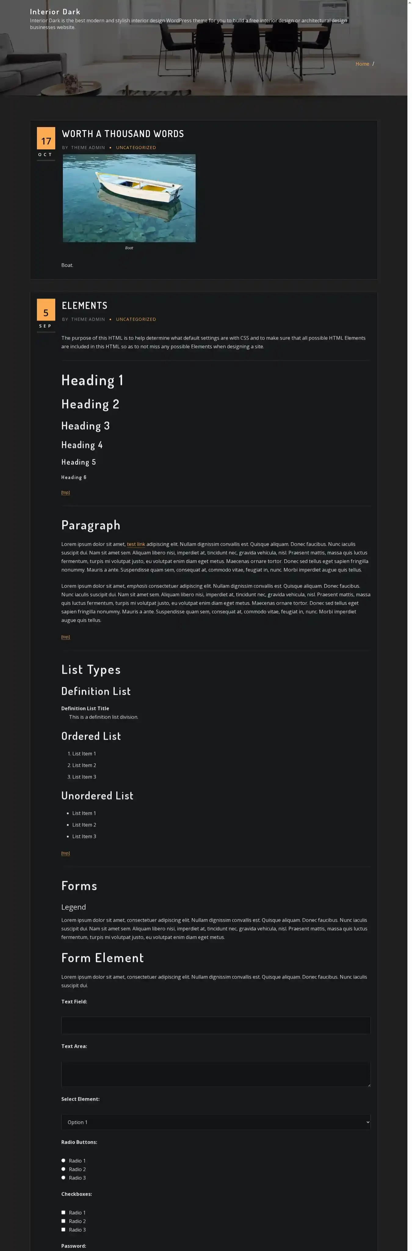 Interior Dark home page on desktop