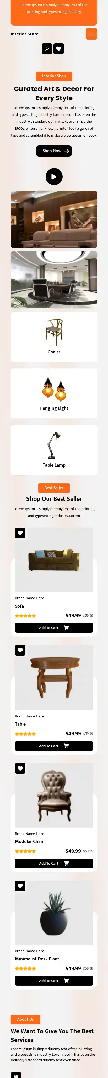 Interior Store home page on mobile