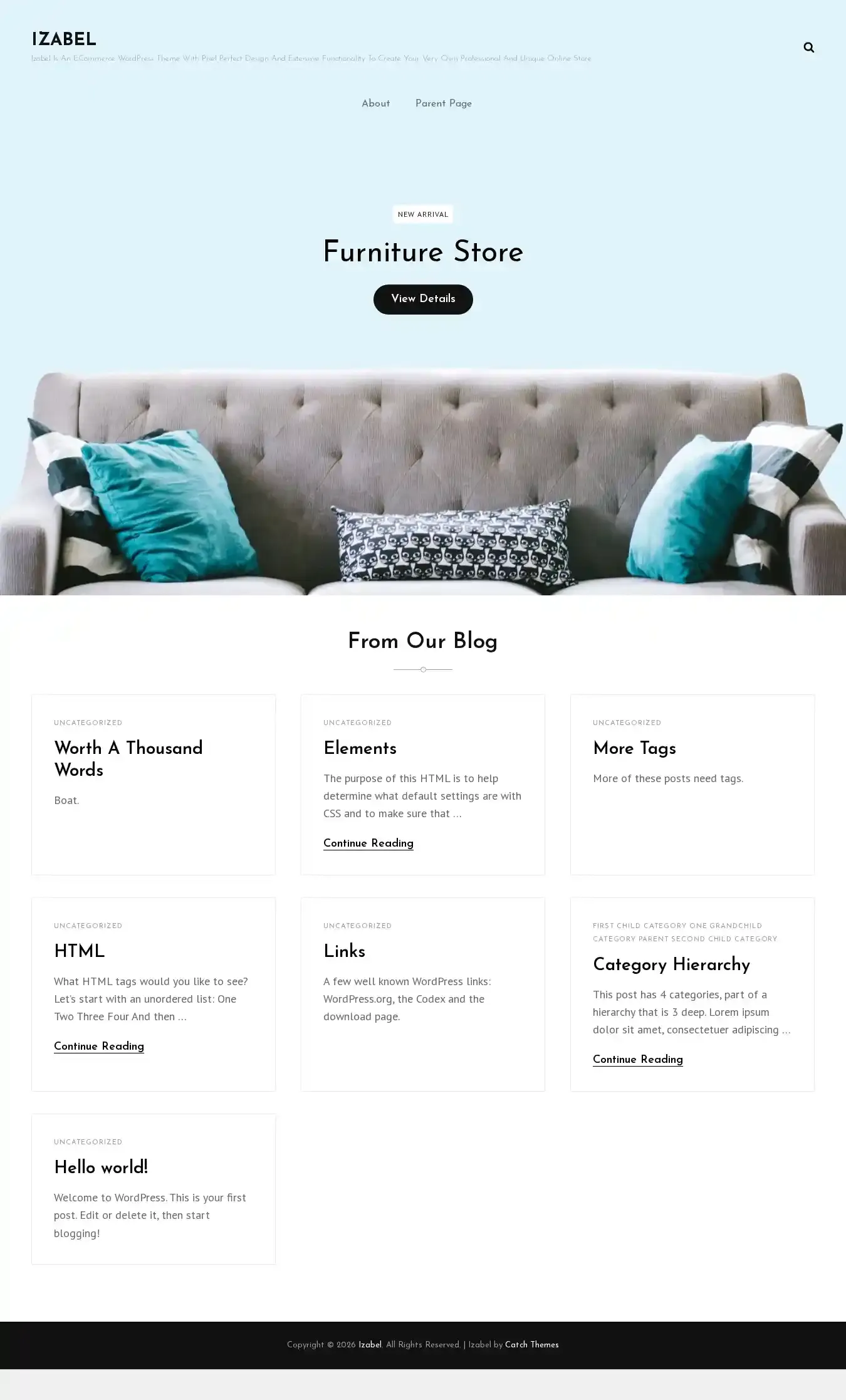 Izabel home page on desktop