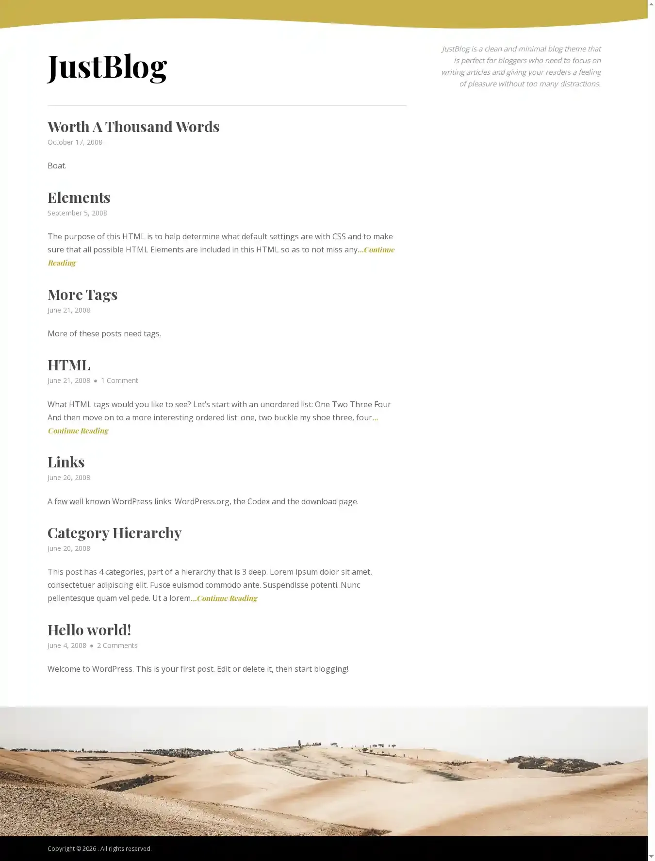 JustBlog home page on desktop