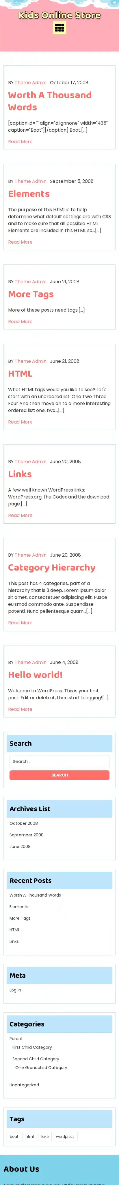 Kids Online Store home page on mobile