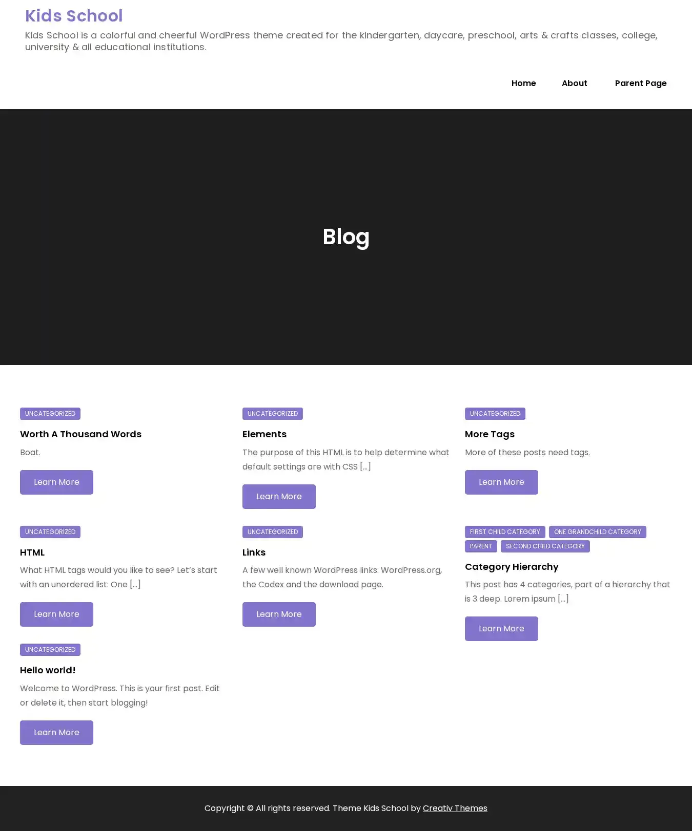 Kids School home page on desktop