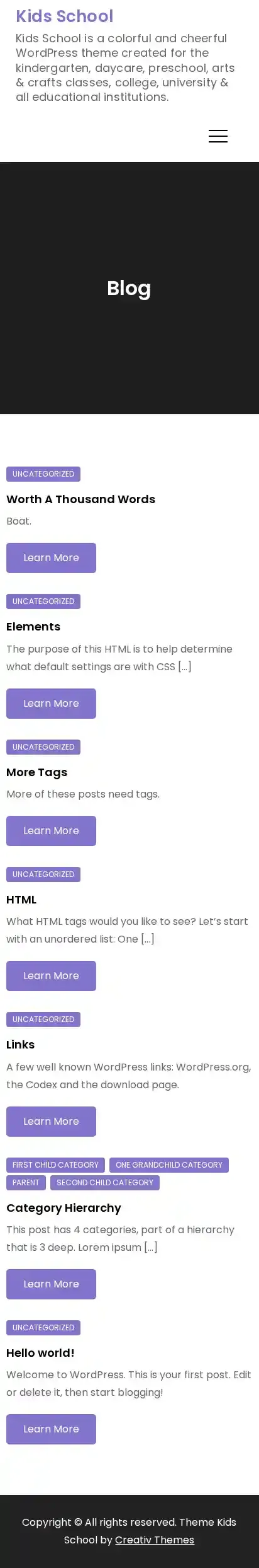 Kids School home page on mobile