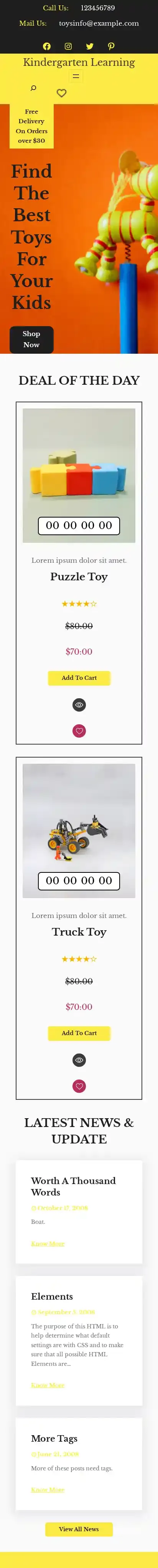 Kindergarten Learning home page on mobile