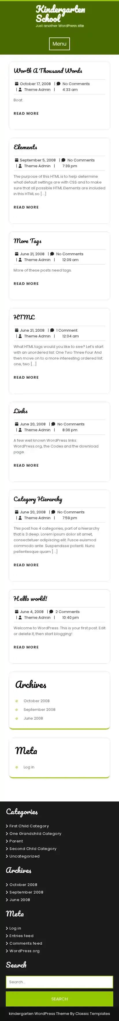 Kindergarten School home page on mobile
