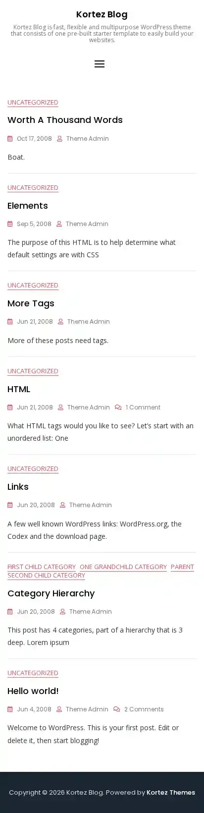 Kortez Blog home page on mobile