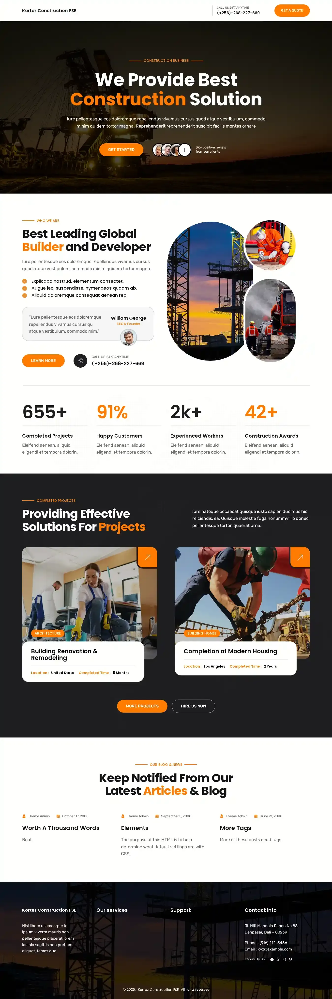 Kortez Construction FSE home page on desktop