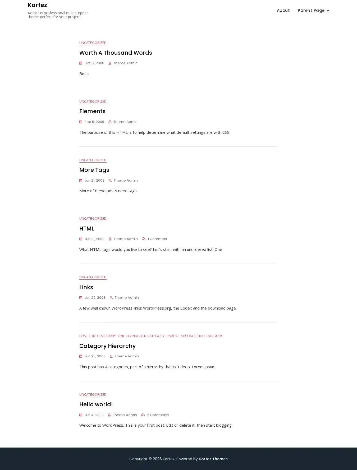Kortez home page on desktop