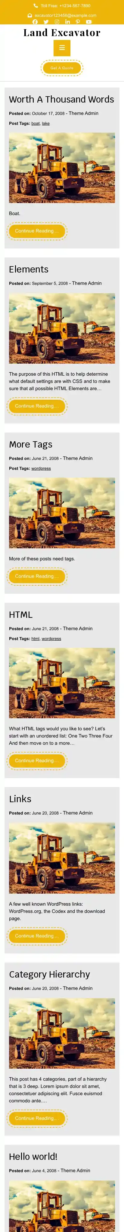 Land Excavator home page on mobile