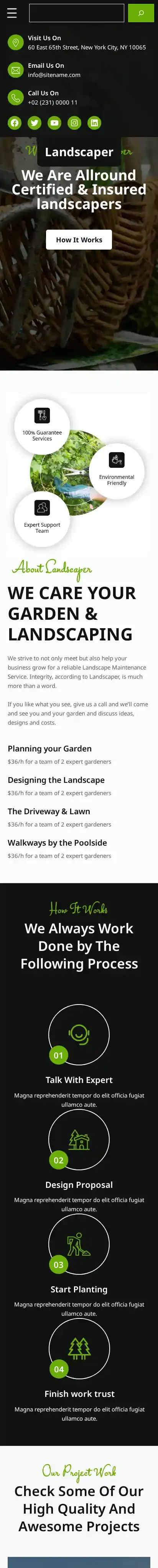 Landscaper home page on mobile