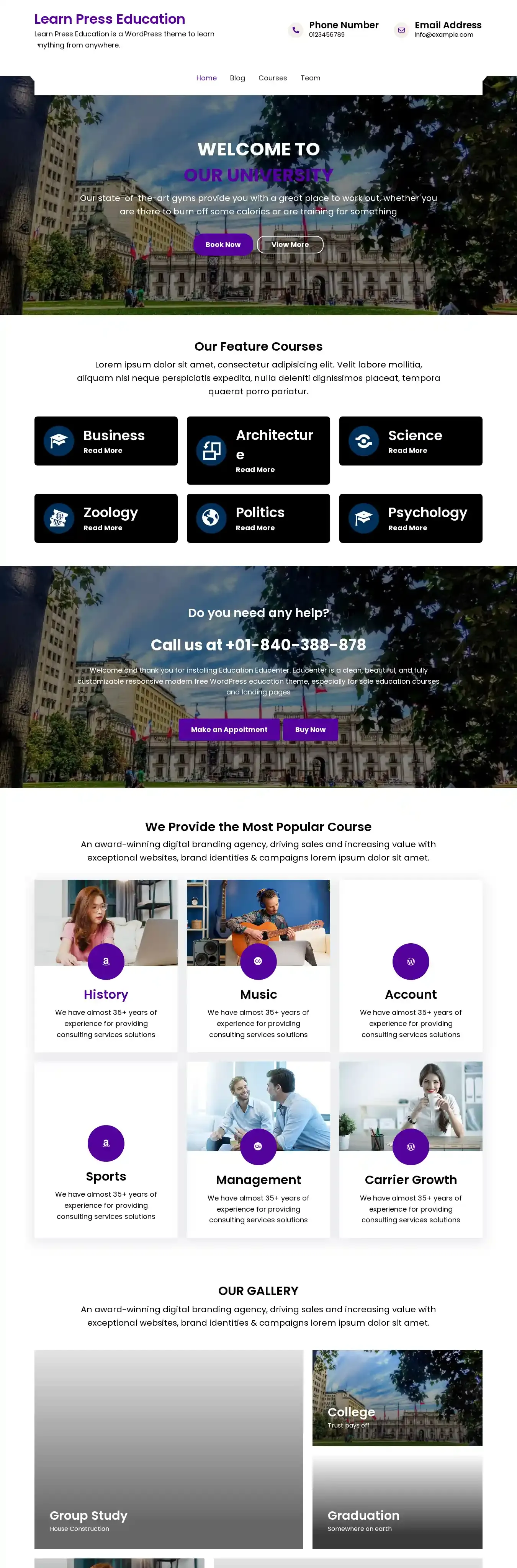 Learn Press Education home page on desktop