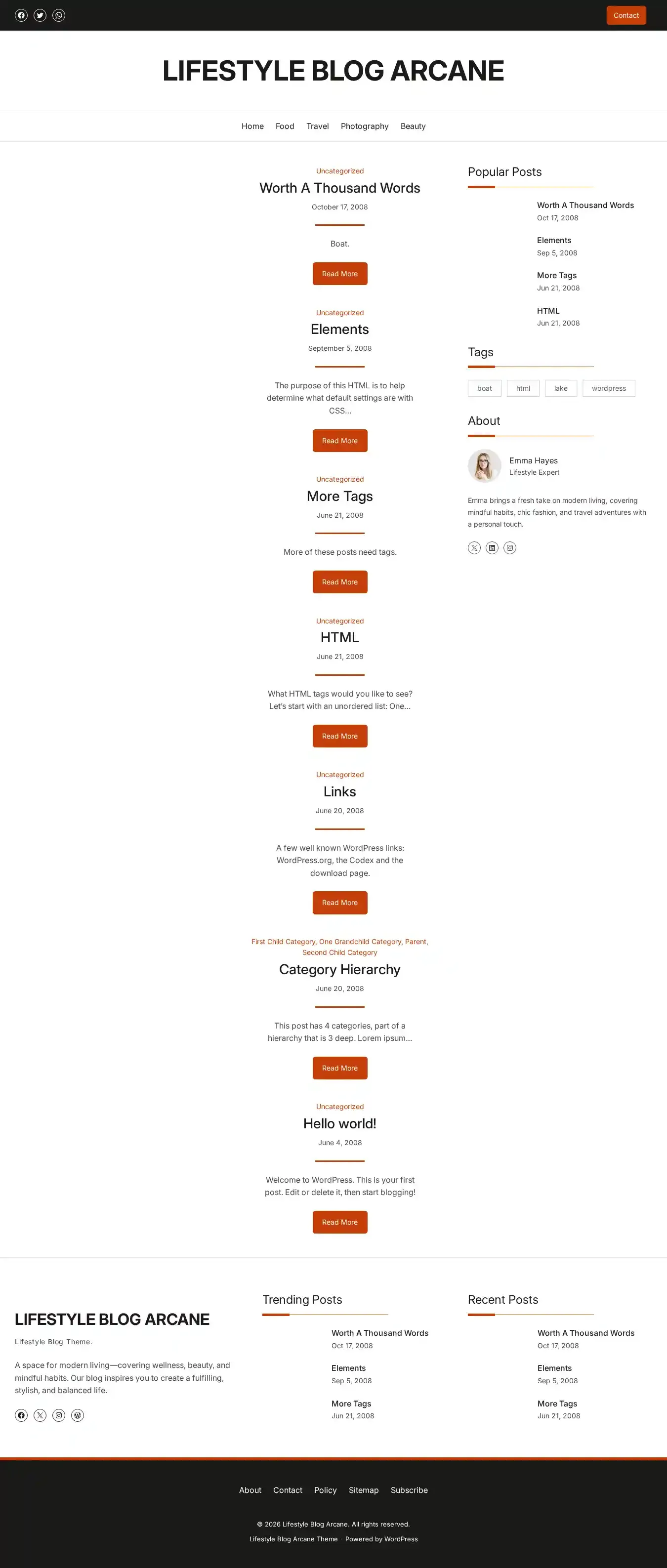 Lifestyle Blog Arcane home page on desktop