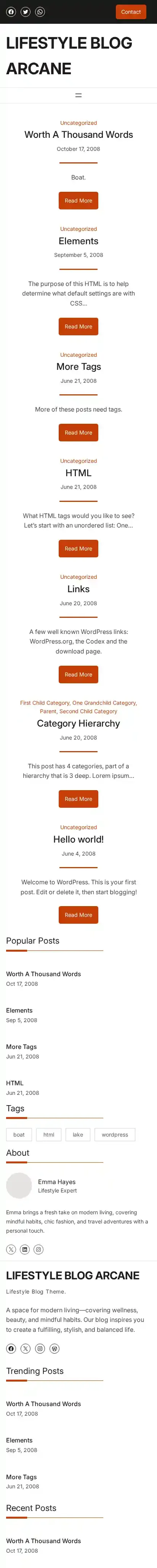 Lifestyle Blog Arcane home page on mobile