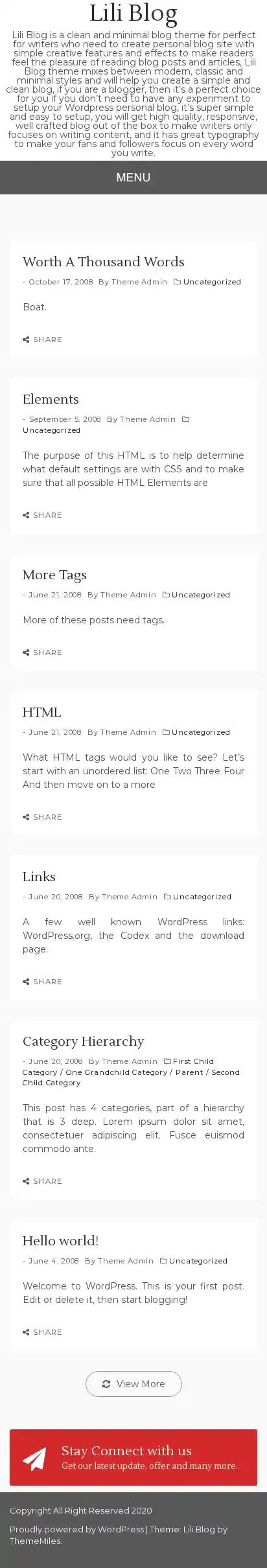 Lili Blog home page on mobile