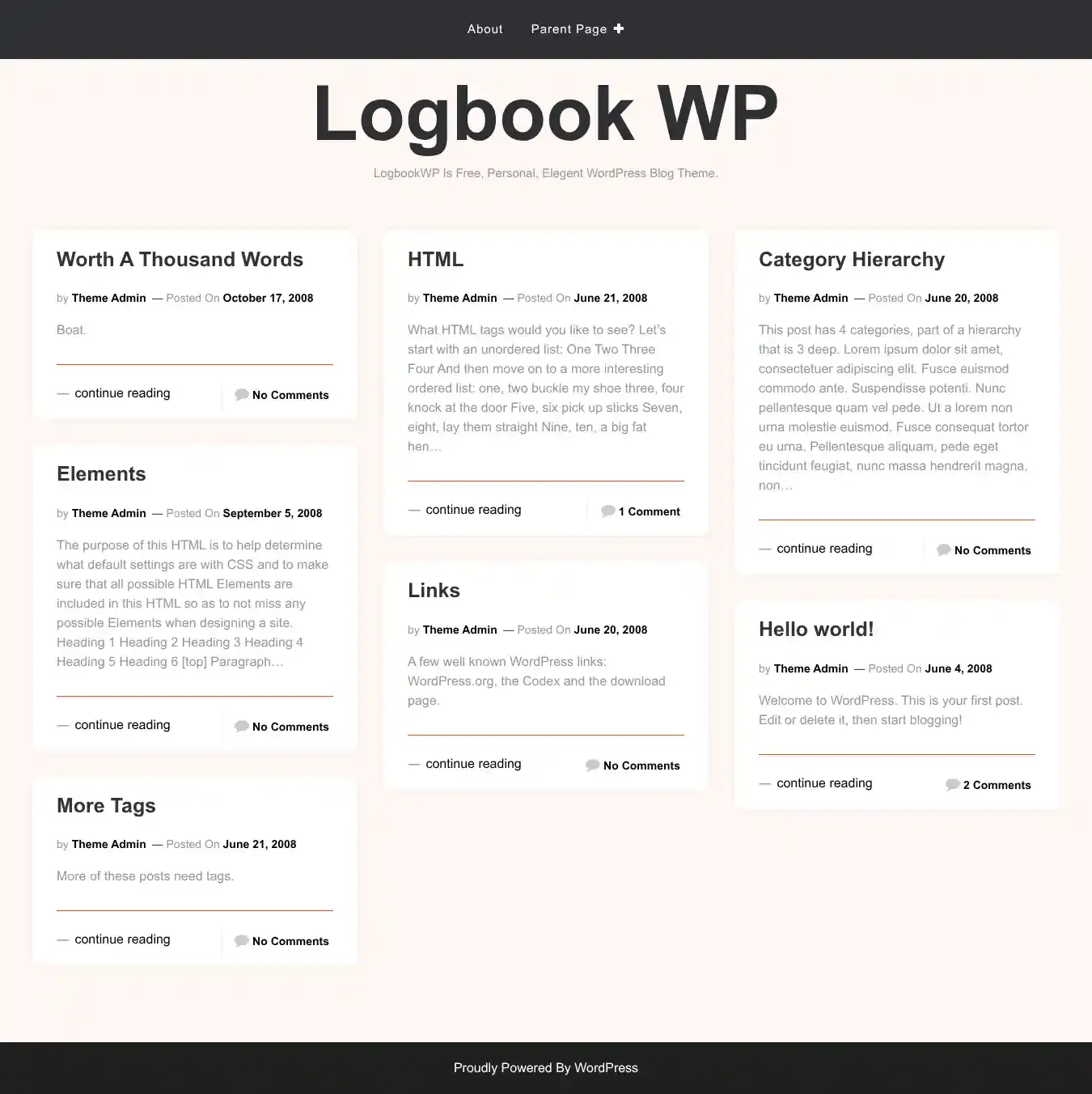 Logbook WP home page on desktop