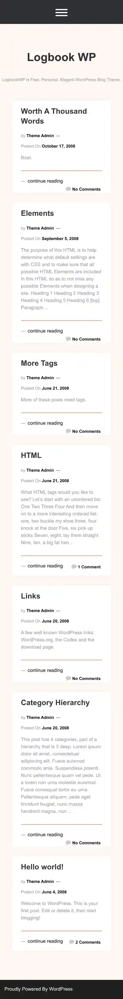 Logbook WP home page on mobile