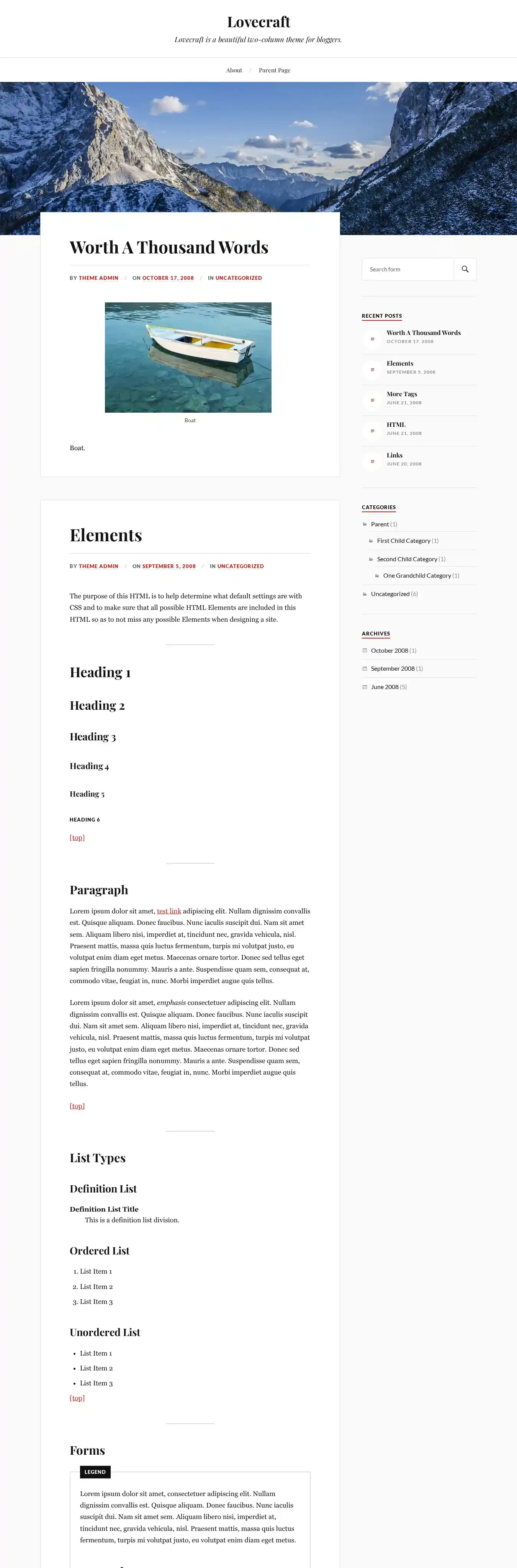 Lovecraft home page on desktop