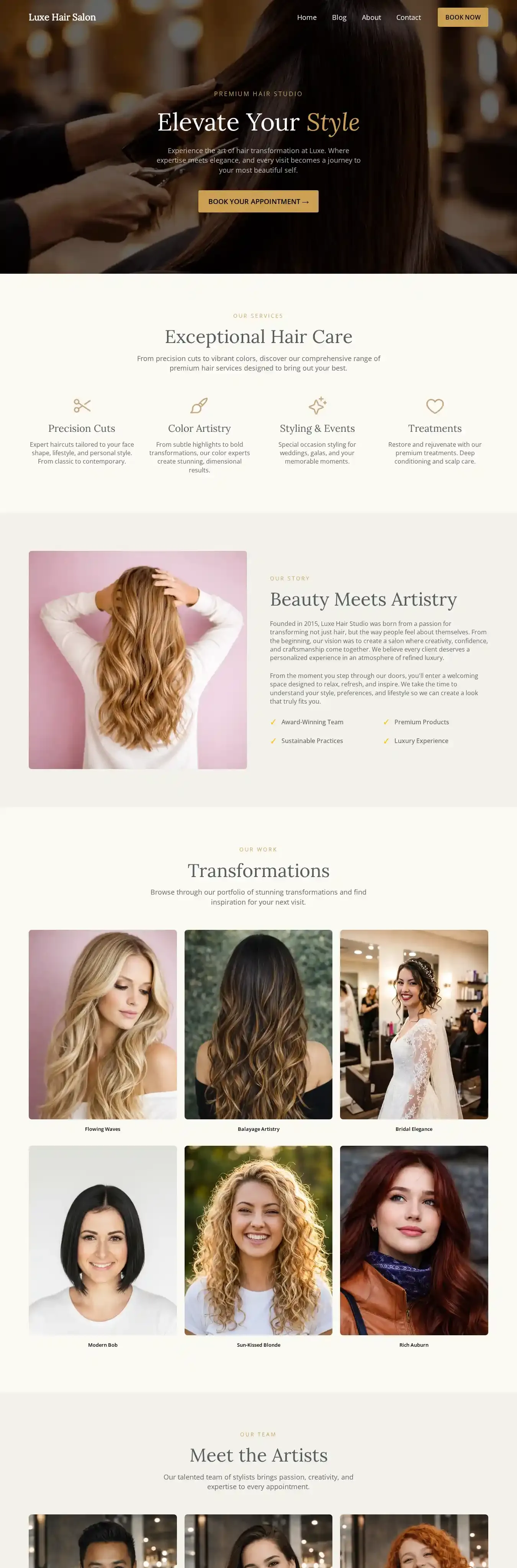 Luxe Hair Salon home page on desktop