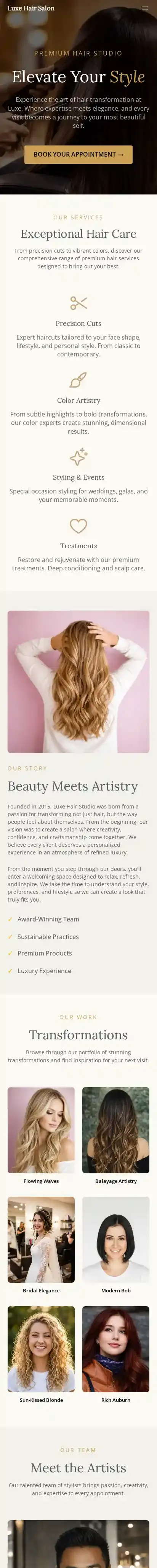 Luxe Hair Salon home page on mobile