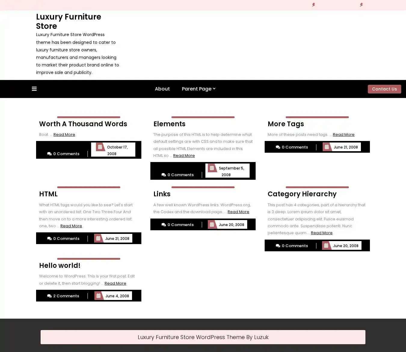Luxury Furniture Store home page on desktop
