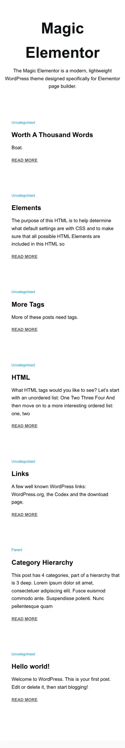 Magic Elementor home page on mobile
