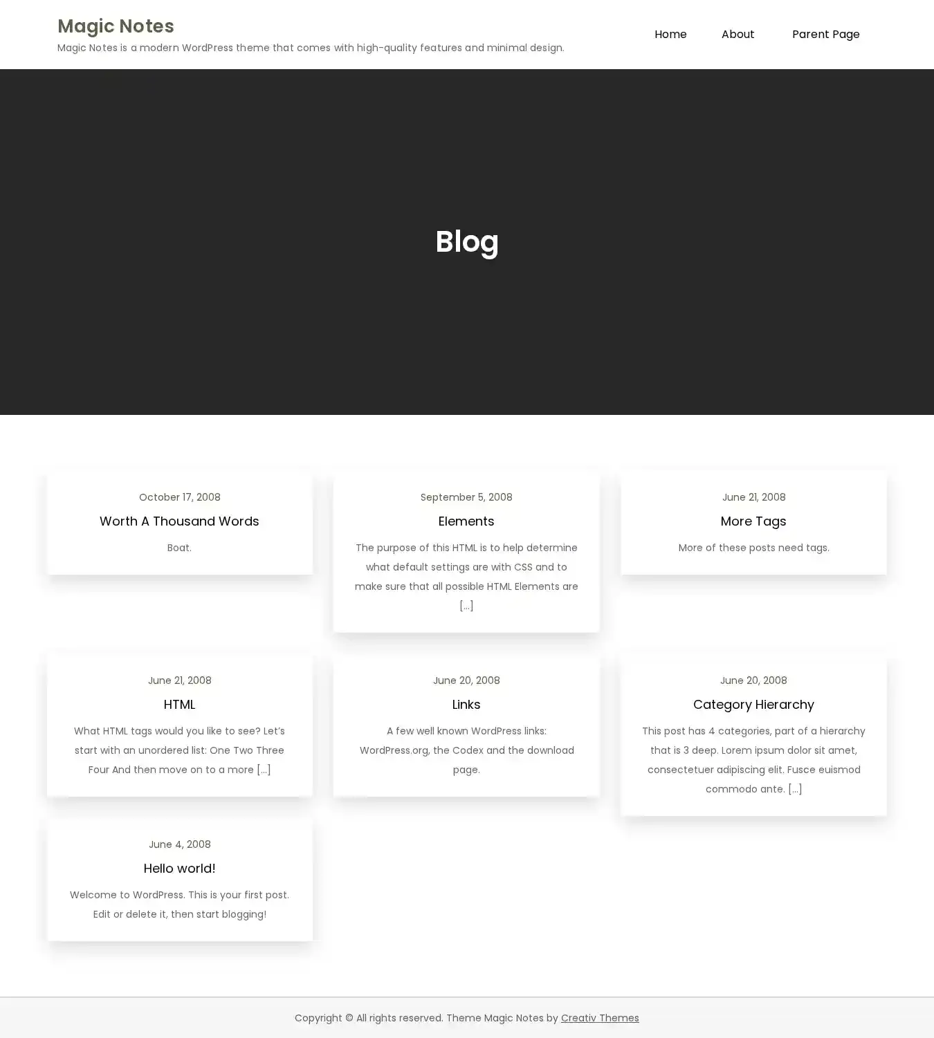 Magic Notes home page on desktop