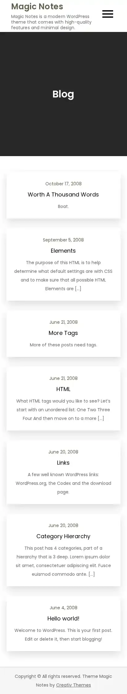 Magic Notes home page on mobile