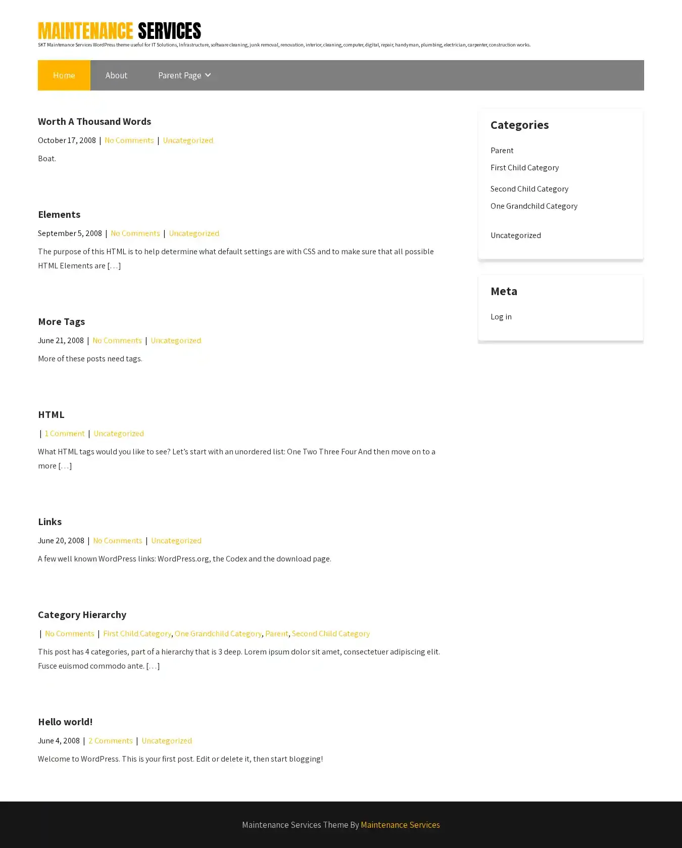 Maintenance Services home page on desktop