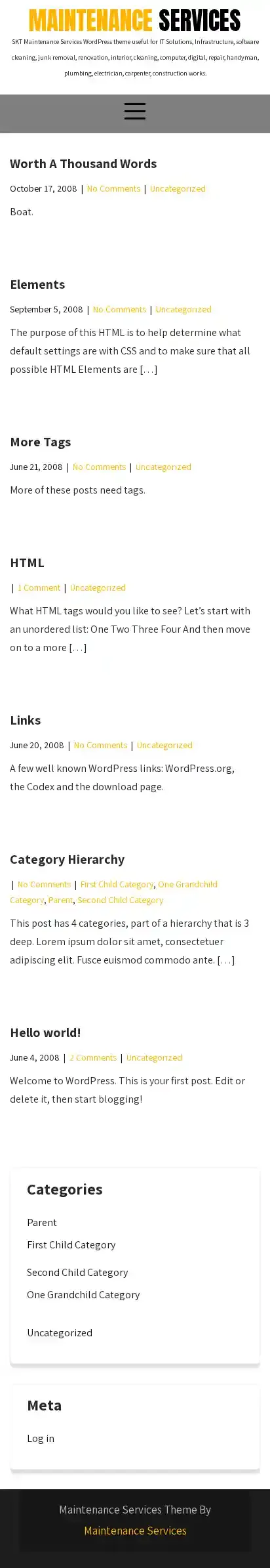 Maintenance Services home page on mobile