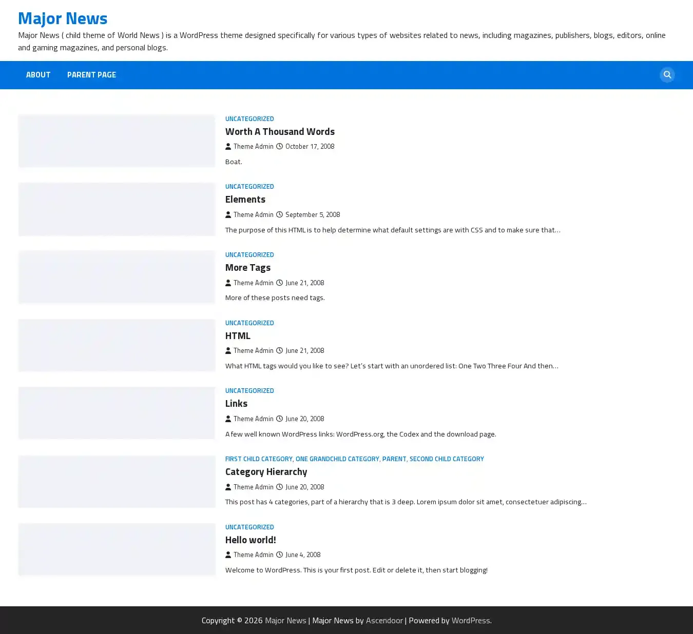 Major News home page on desktop