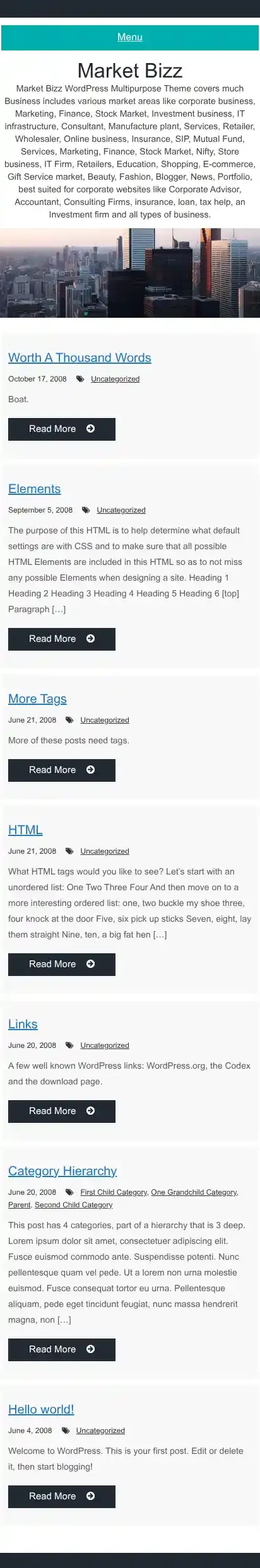 Market Bizz home page on mobile