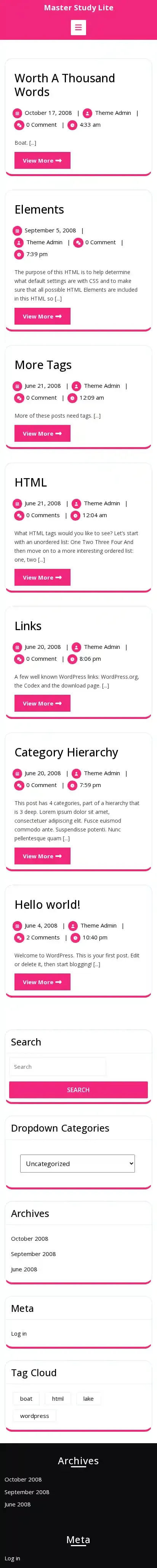 Master Study Lite home page on mobile