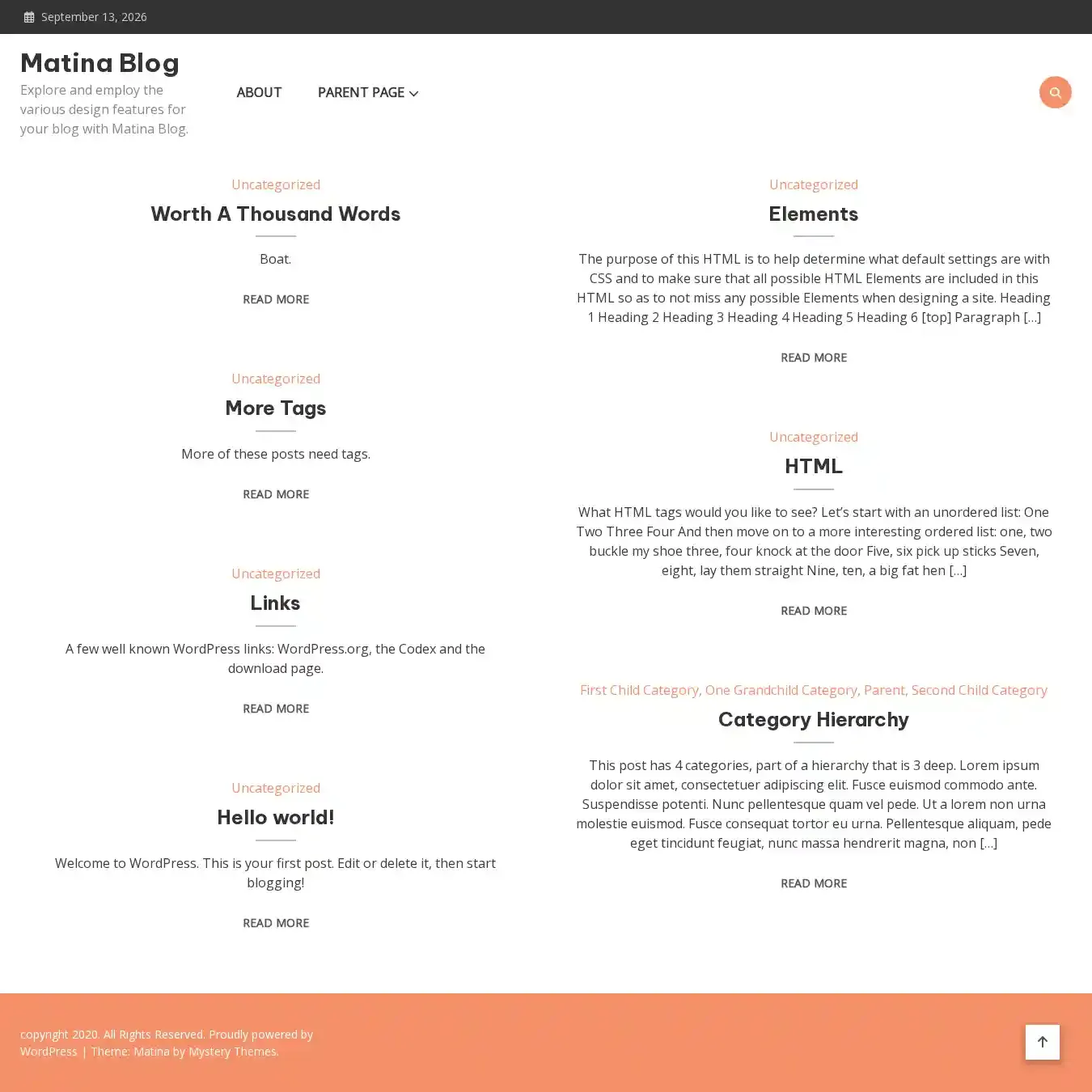 Matina Blog home page on desktop