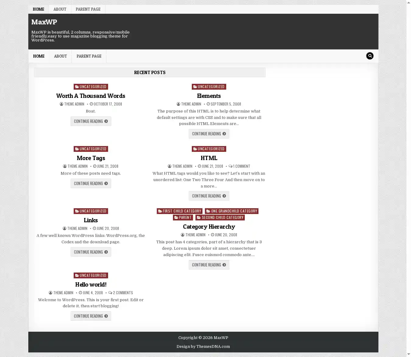 MaxWP home page on desktop