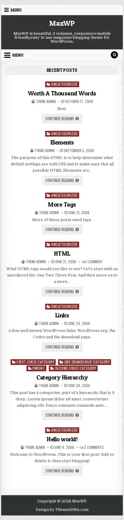MaxWP home page on mobile