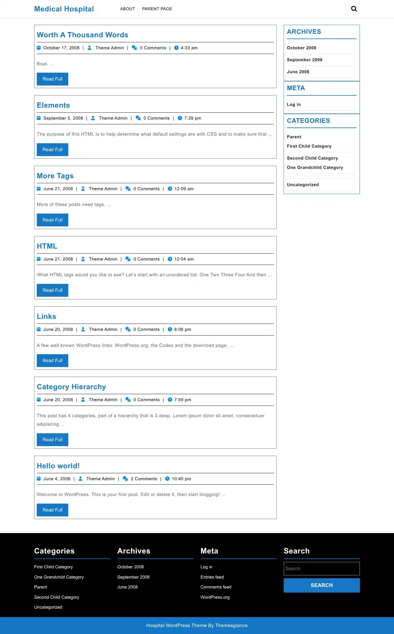 Medical Hospital home page on desktop