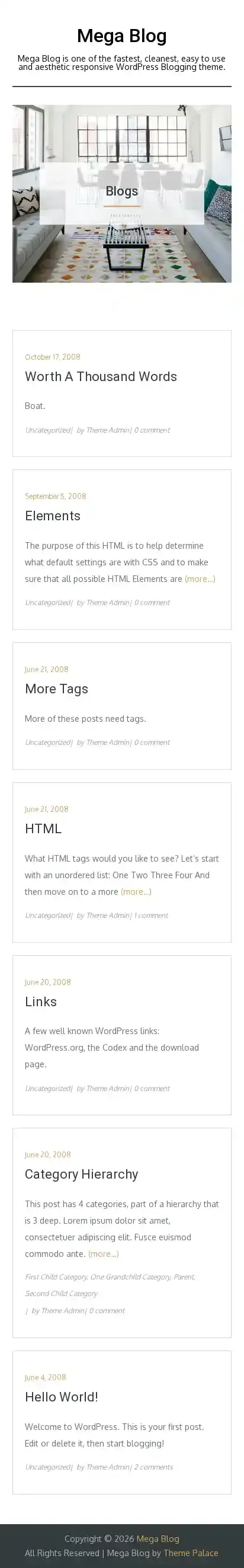 Mega Blog home page on mobile