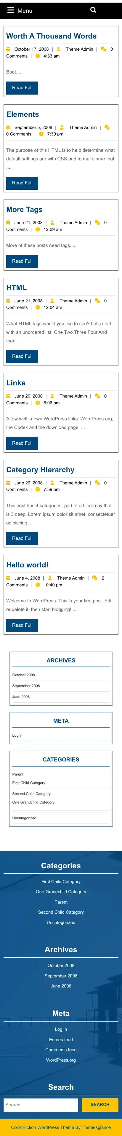 Mega Construction home page on mobile