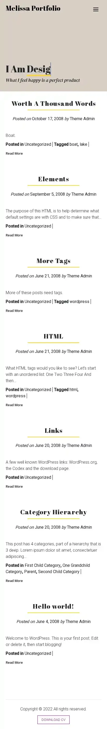 Melissa Portfolio home page on mobile