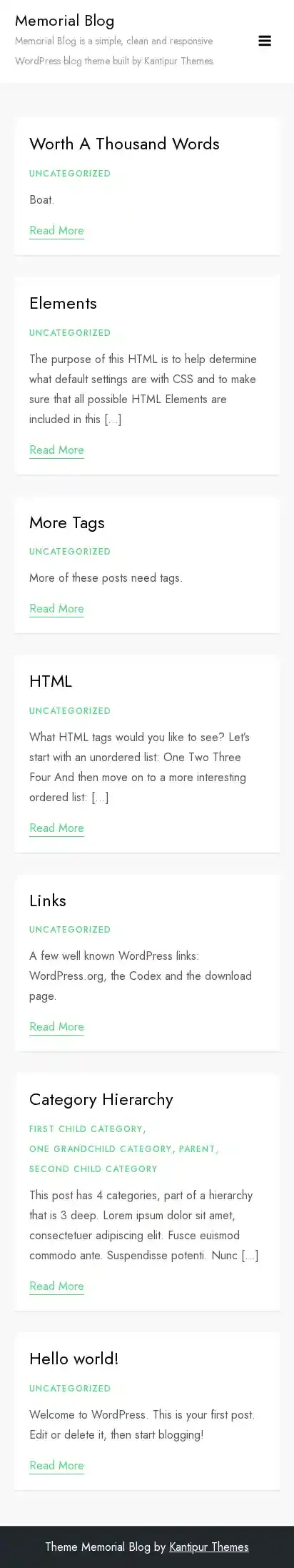 Memorial Blog home page on mobile