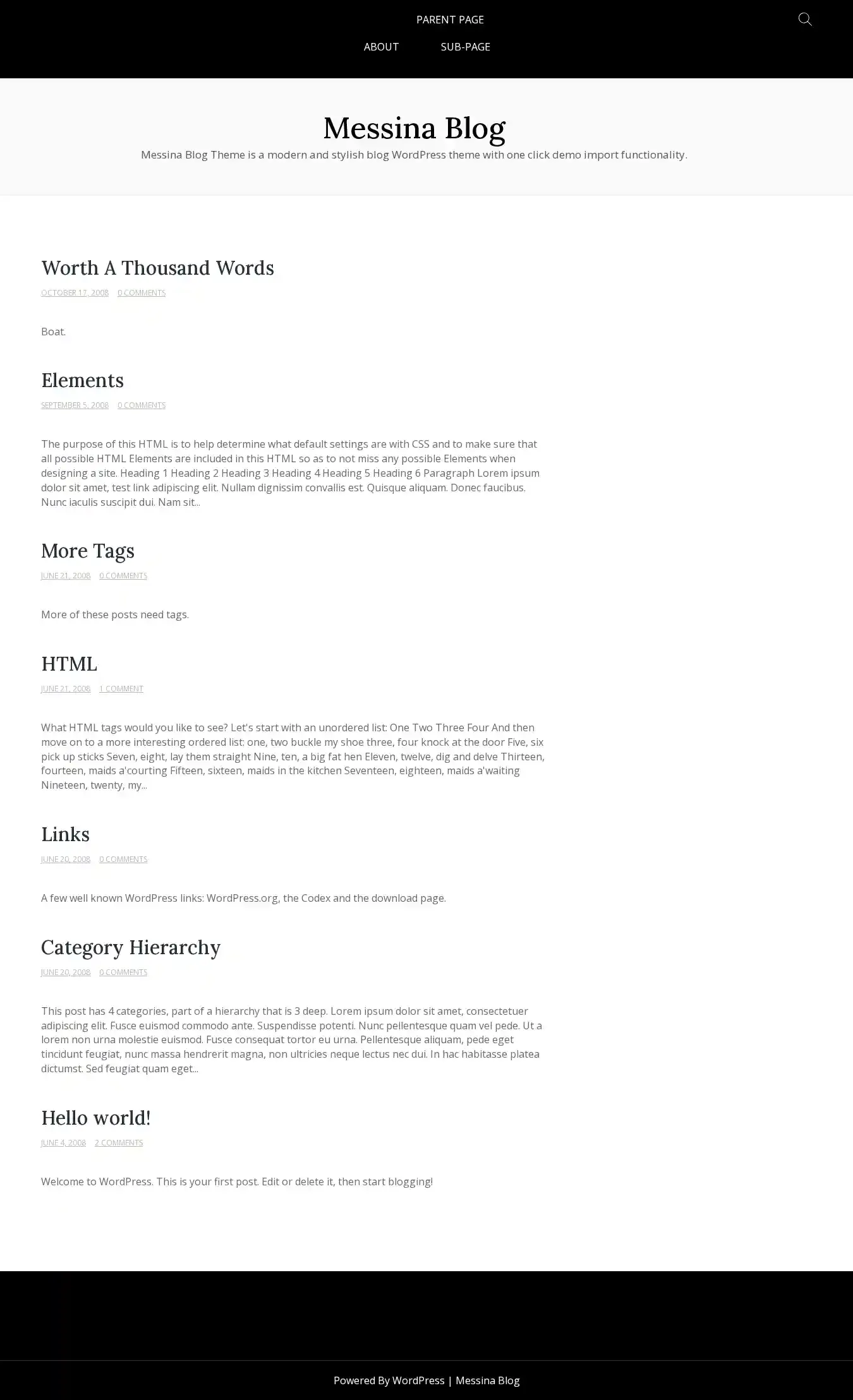 Messina Blog home page on desktop