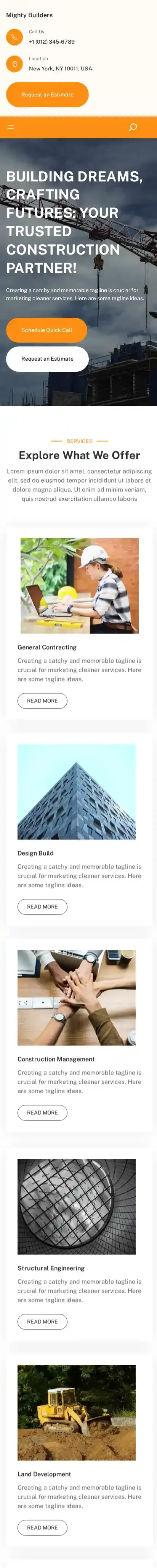 Mighty Builders home page on mobile
