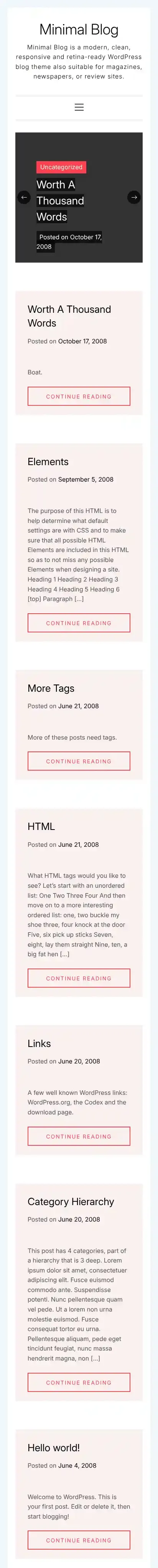 Minimal Blog home page on mobile