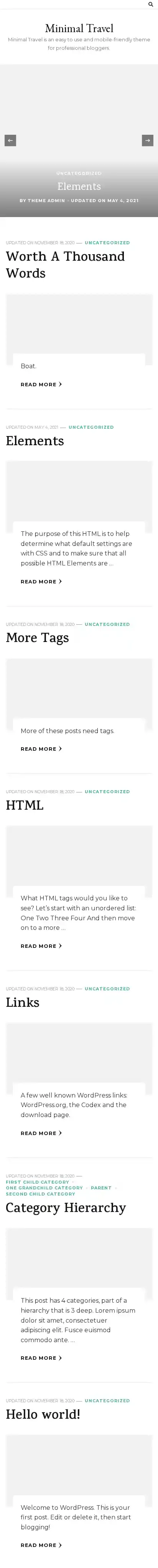 Minimal Travel home page on mobile