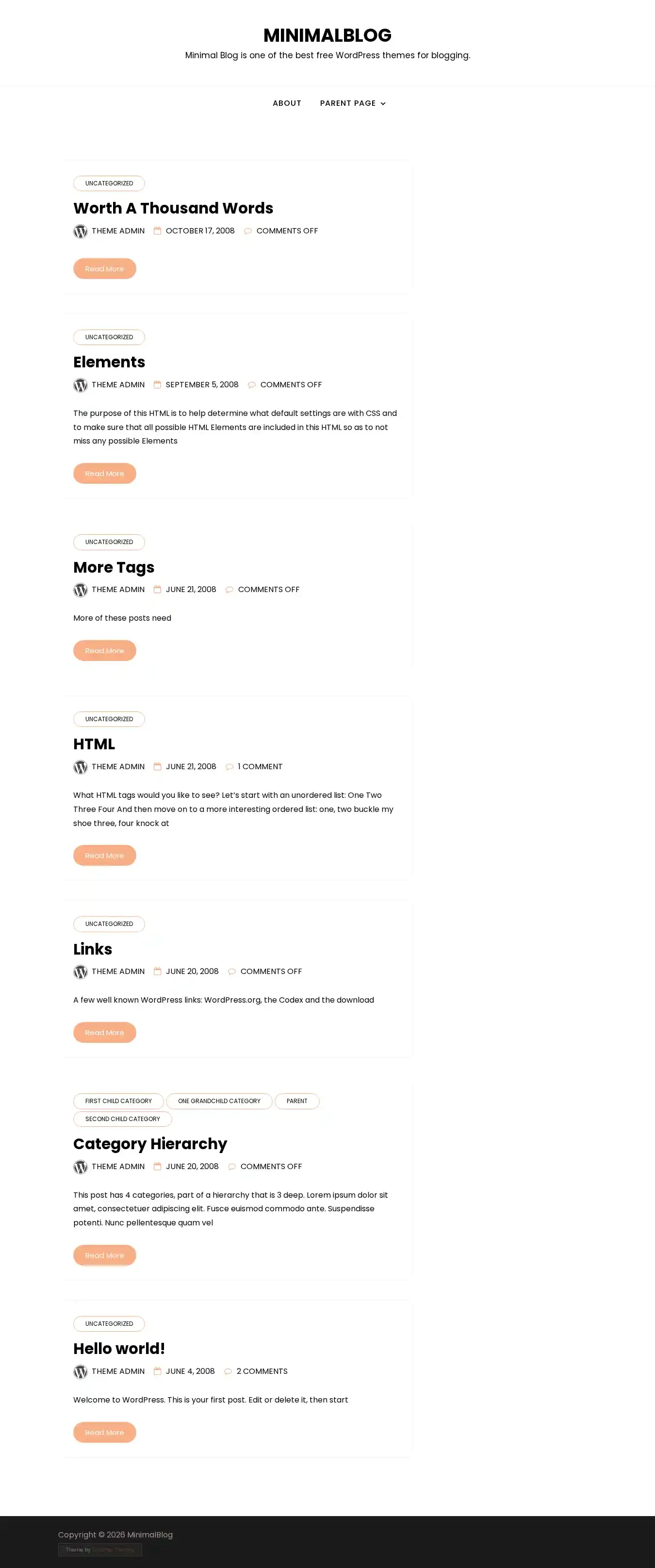 MinimalBlog home page on desktop
