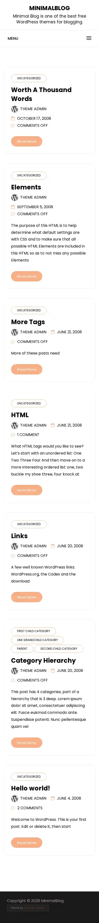 MinimalBlog home page on mobile