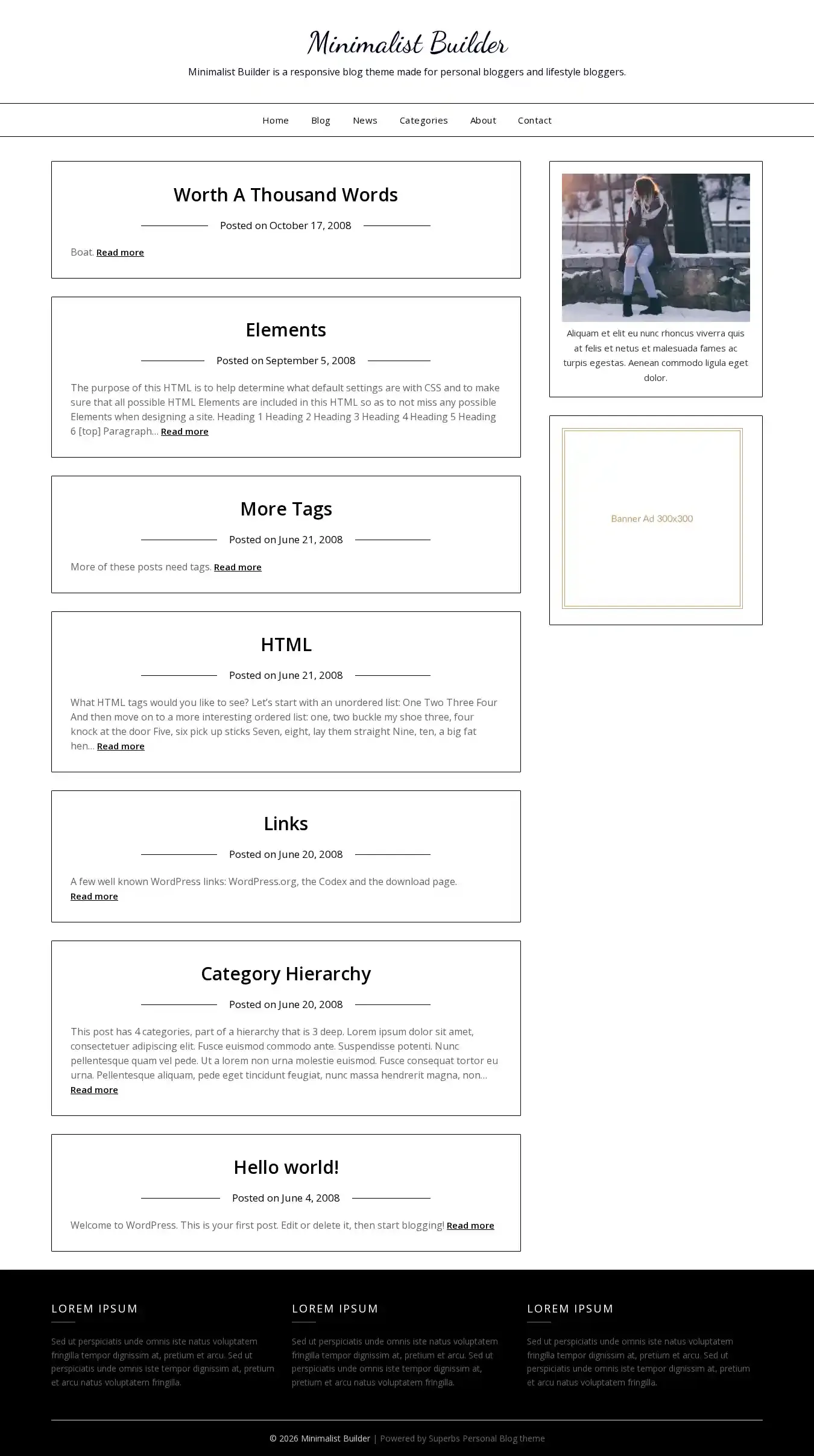 Minimalist Builder home page on desktop