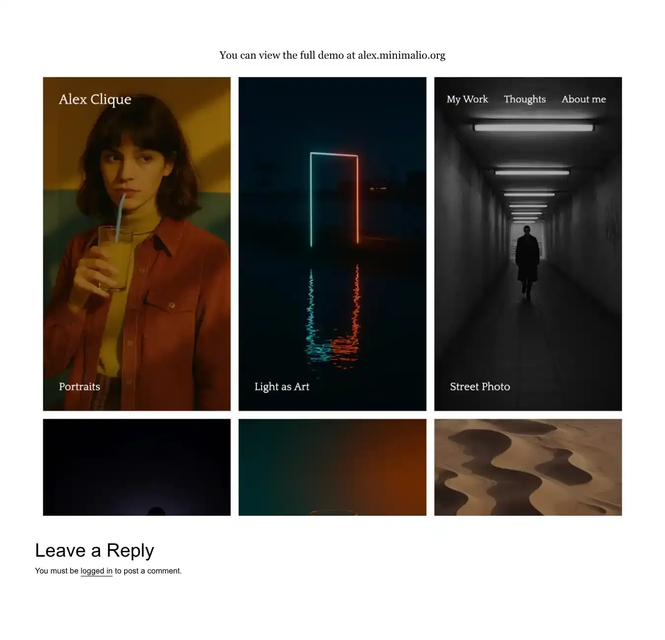 Minimalist Photography Portfolio home page on desktop