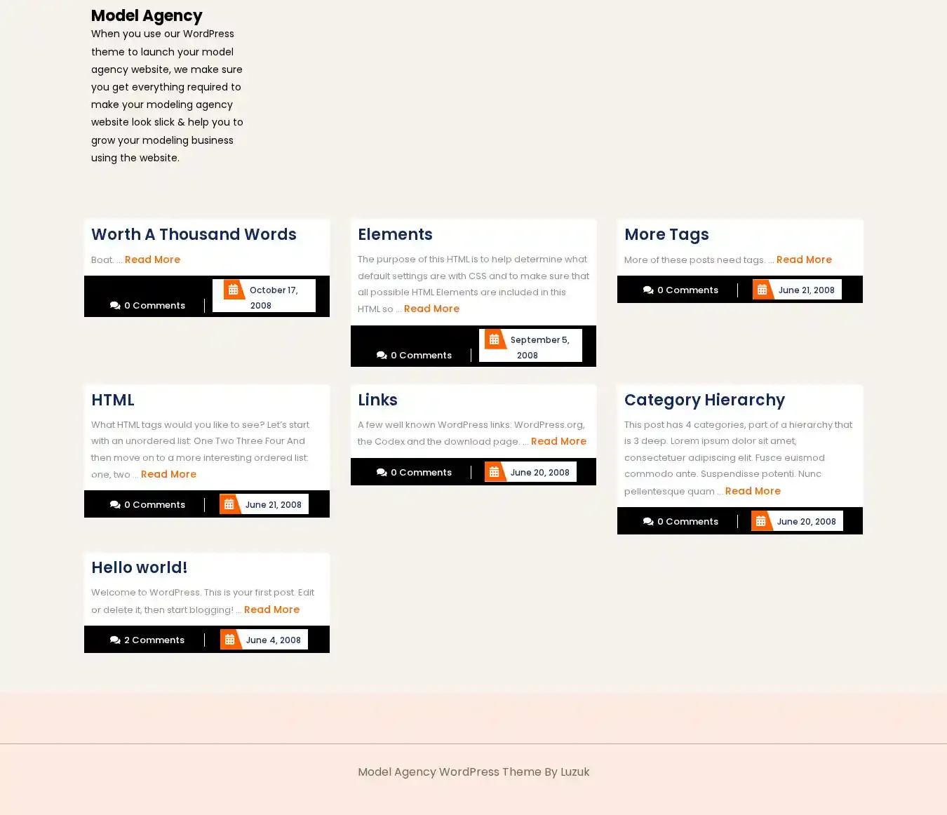Model Agency home page on desktop